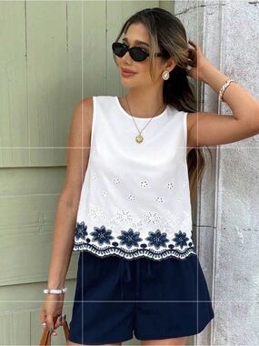Embroidered Eyelet Tank & Navy Shorts Matching Set M